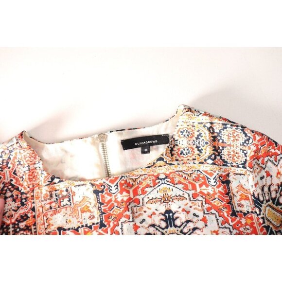 Olivaceous Women Medium Beige Orange Paisley Shirt Dress S/S Crepe Graphic Mini - Picture 6 of 7